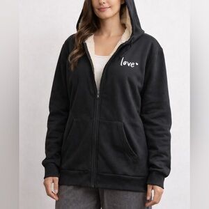 Black Love Sherpa-Lined Full-Zip Hoodie Jacket Cozy & Warm – New Without Tags